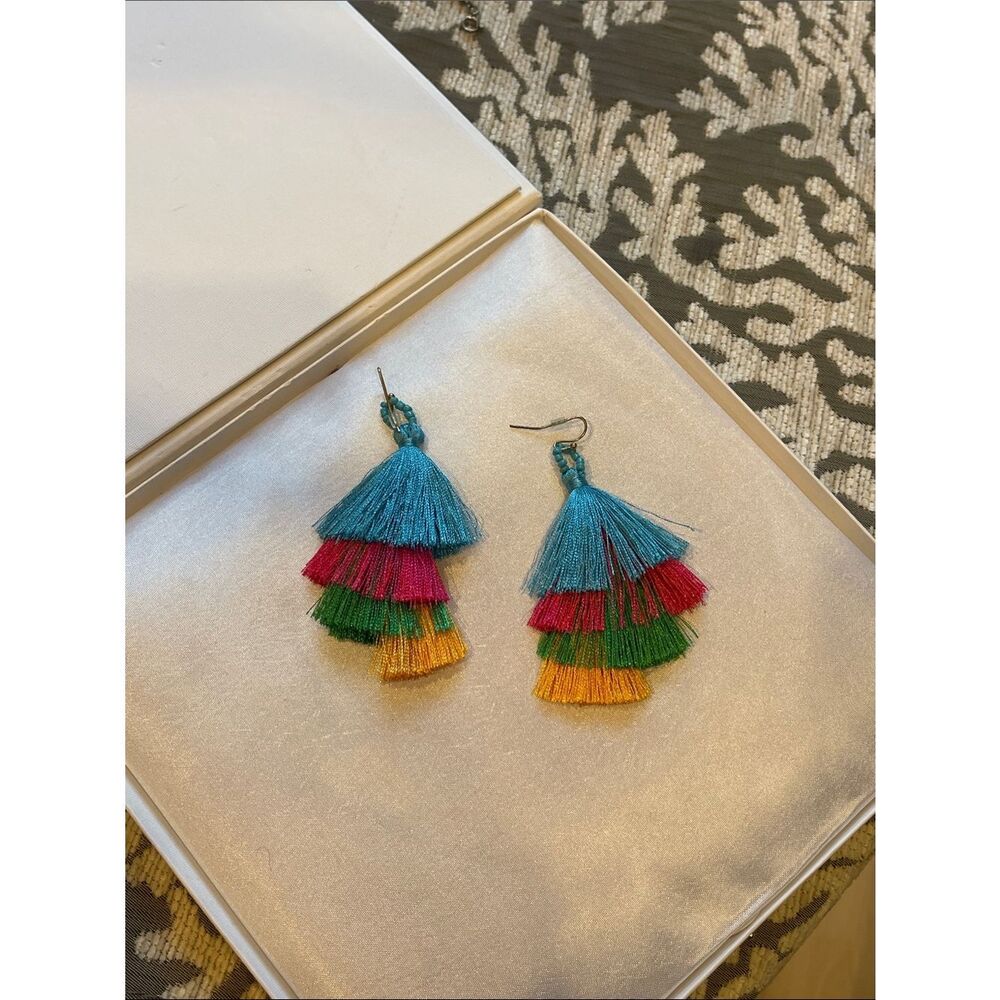 Artisan Blue, Pink, Green & Yellow Tiered Tassel Earrings
